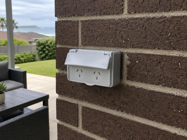 Outdoor double power point on a brick house wall beside a patio with ocean view in Shelly Beach